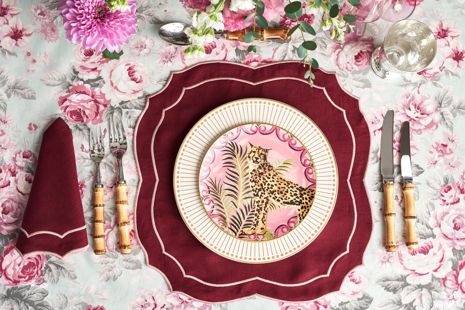 Emma Linen Placemat in Burgundy with Rose Embroidery