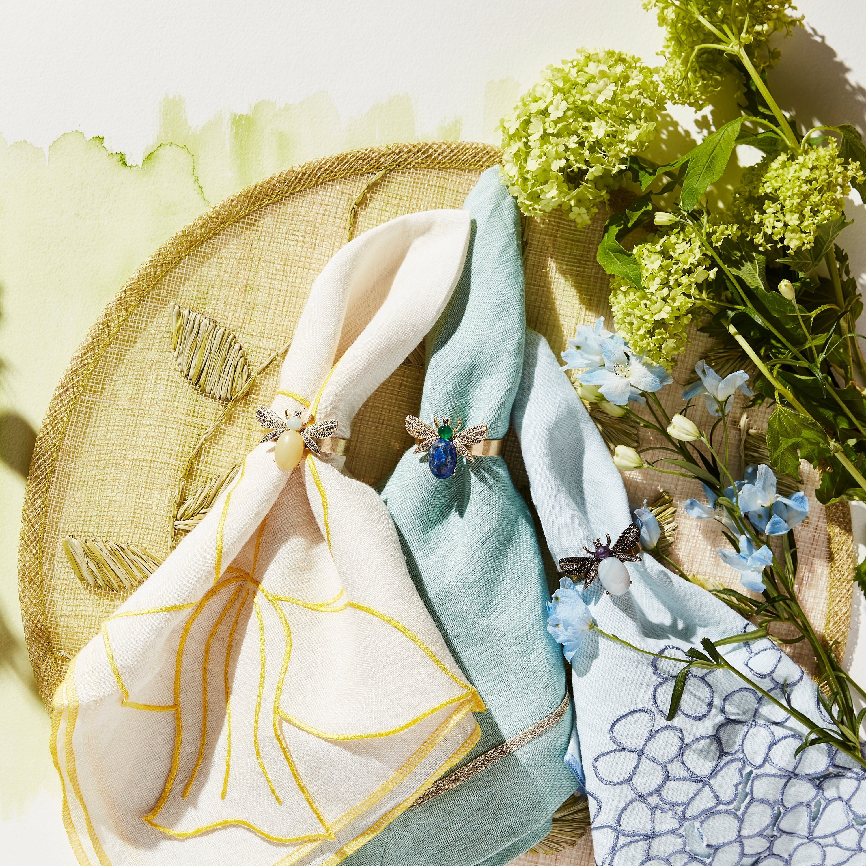 Etched Wing Bug Skinny Napkin Rings in Lemon Jasper, Set of Four