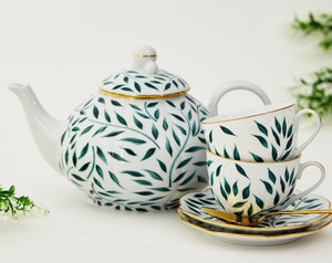 Green & Gold Leaves Teacup & Teapot Set