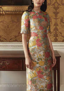 Gladys Floral Jacquard Short Sleeve Midi Dress