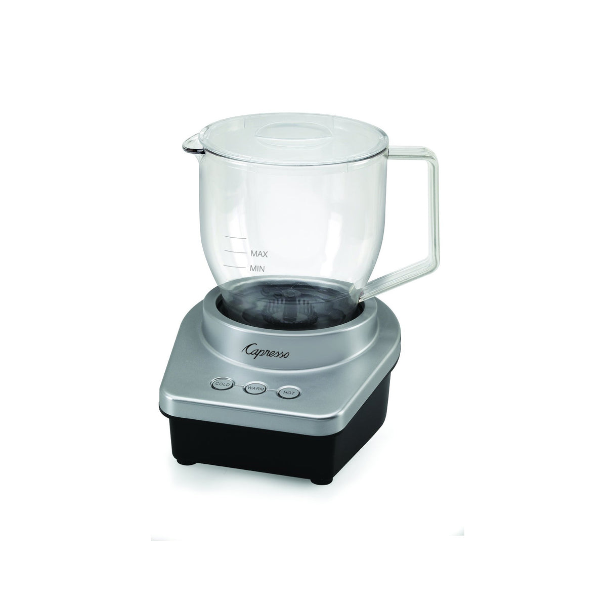 Front view of Capresso Froth MAX with clear pitcher, MAX and MIN markings, and cold, warm, and hot buttons on a silver and black base