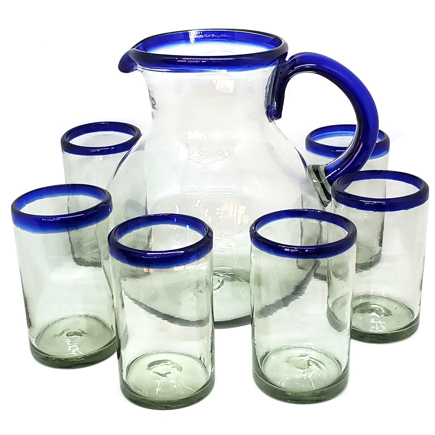 Cobalt Blue Rim 120 oz Pitcher and 6 Drinking Glasses set