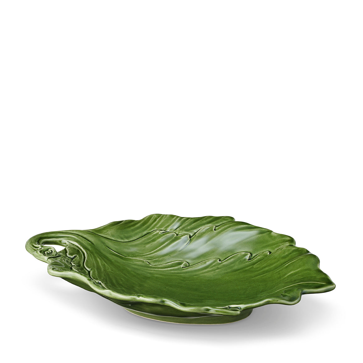 Three-quarter view of the Mariella Leaf Dish, Fern showcasing stylized leaf and stalk markings with a white background