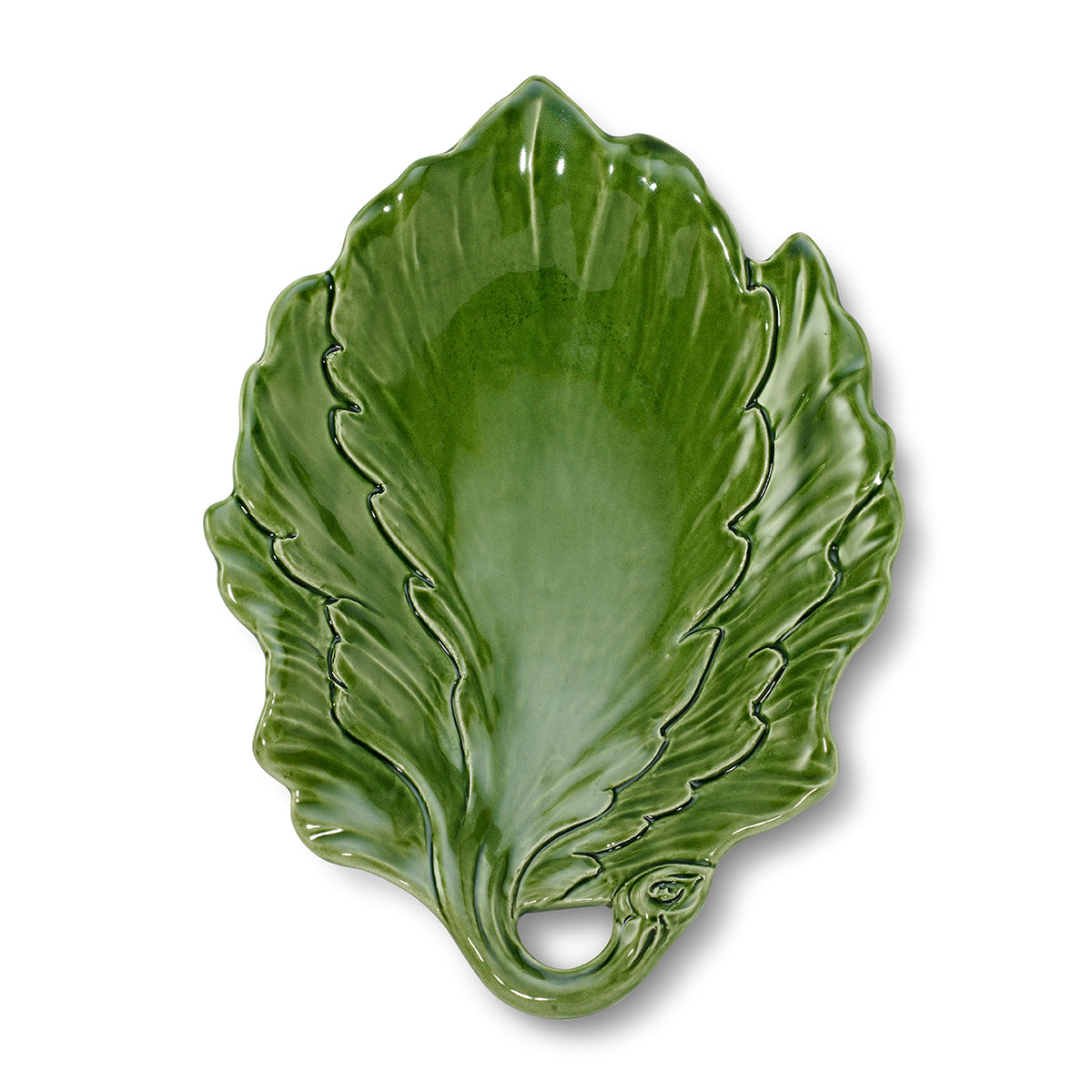 Top view of the Mariella Leaf Dish, Fern showcasing stylized leaf and stalk markings with a white background