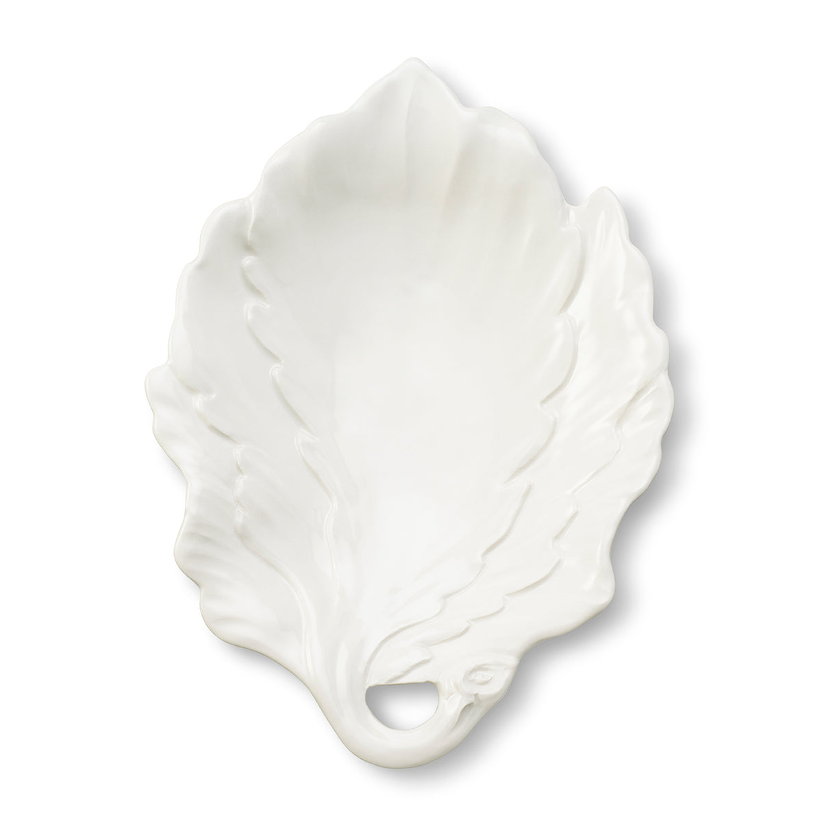 Front view of Mariella Leaf Dish in Cream showcasing stylized leaf and stalk markings with a white background