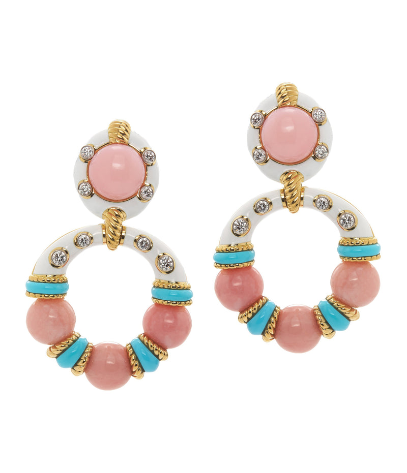 Stud Hoop Earrings in Pink Opal Beads with White Enamel