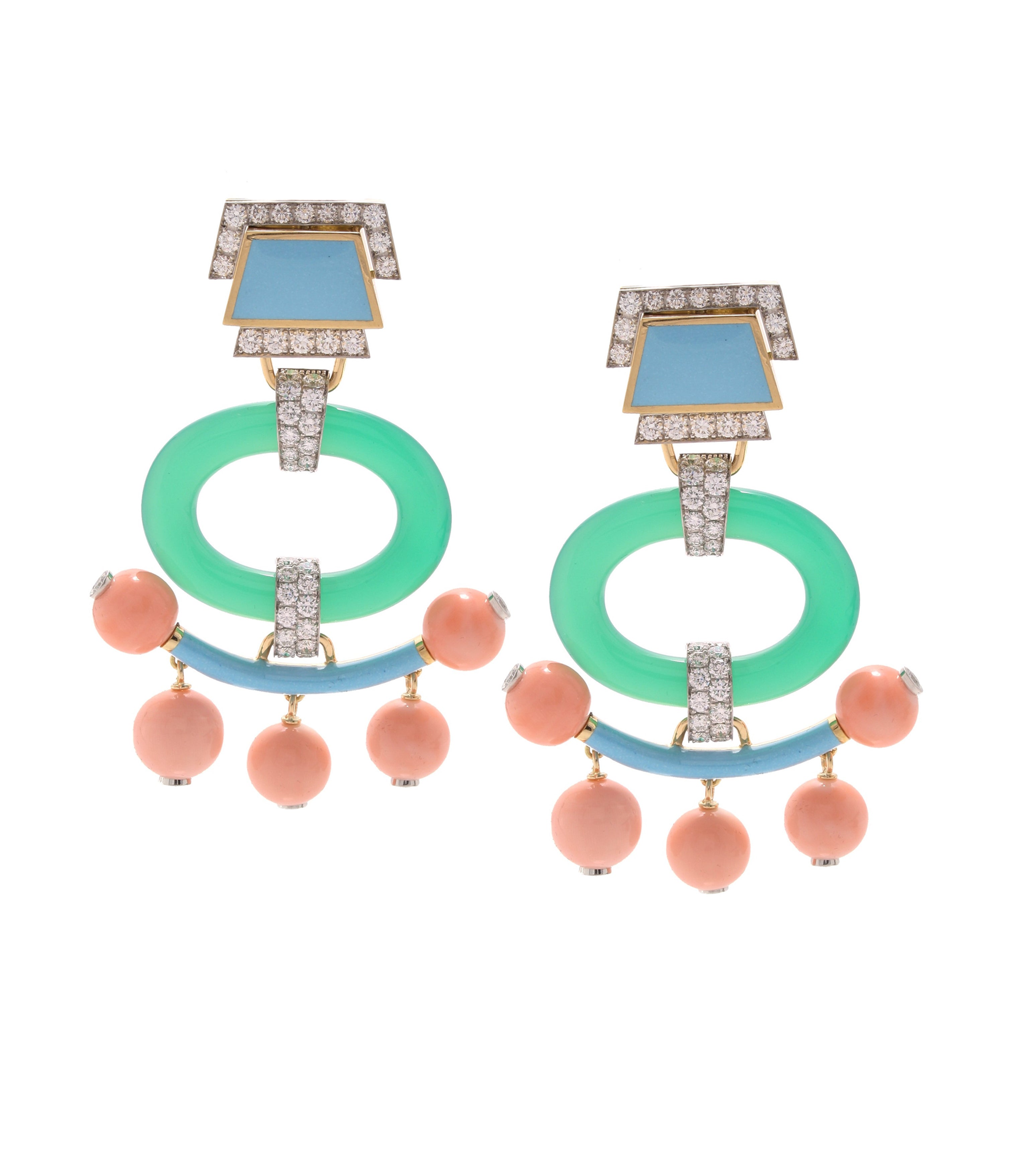 Pagoda Earrings in Chrysoprase with Coral Beads