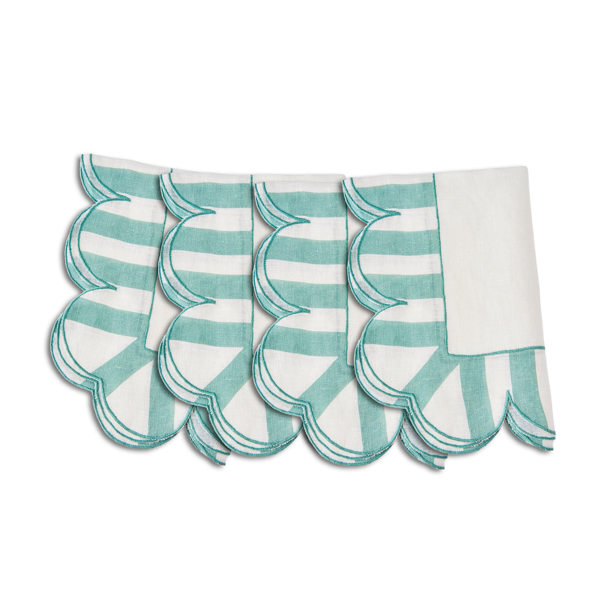 Jardin Embroidered Linen Scalloped Stripe Napkins in Green, Set of 4