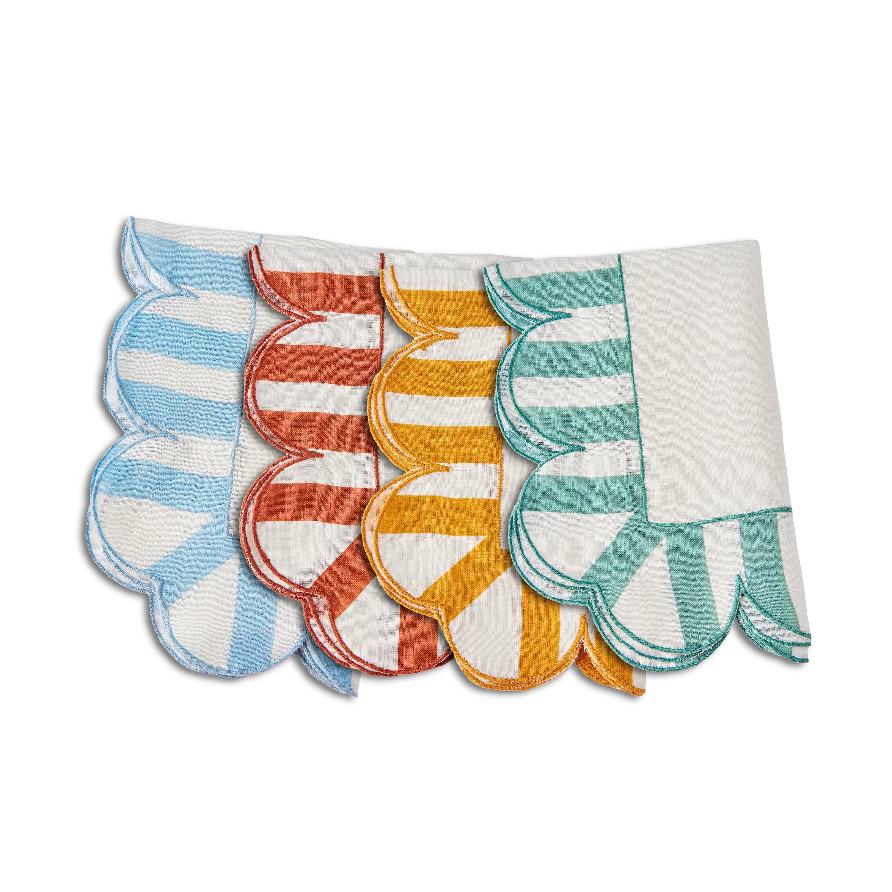 Jardin Embroidered Linen Scalloped Stripe Napkins in Multicolor, Set of 4