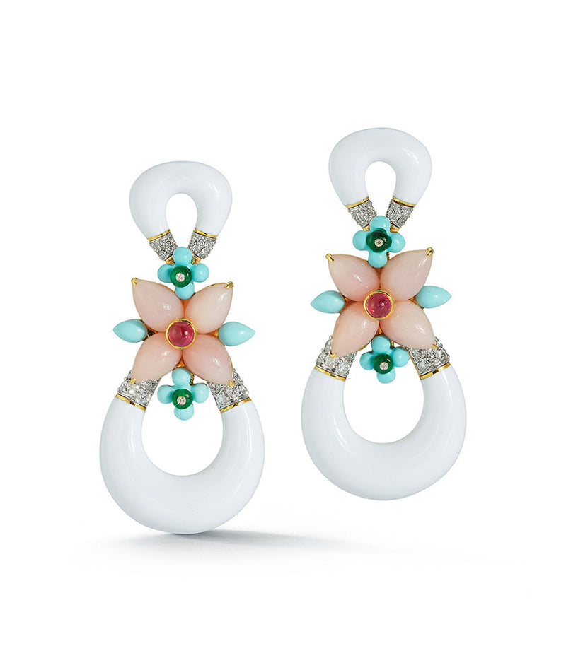 Asheville Earrings in White Enamel, Pink Opal, and Diamonds