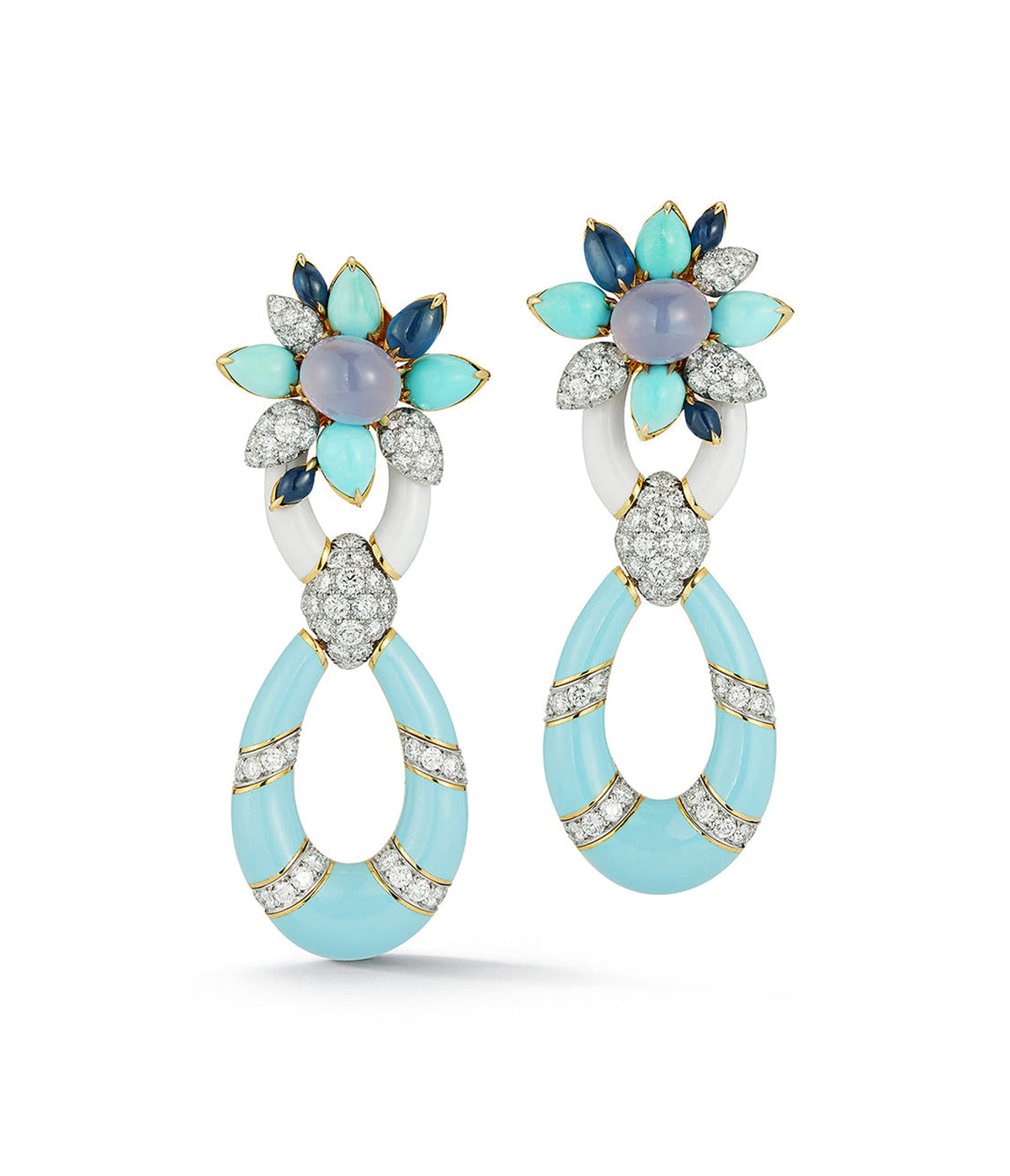 Asheville Earrings in Light Blue Enamel, Turquoise, and Diamonds