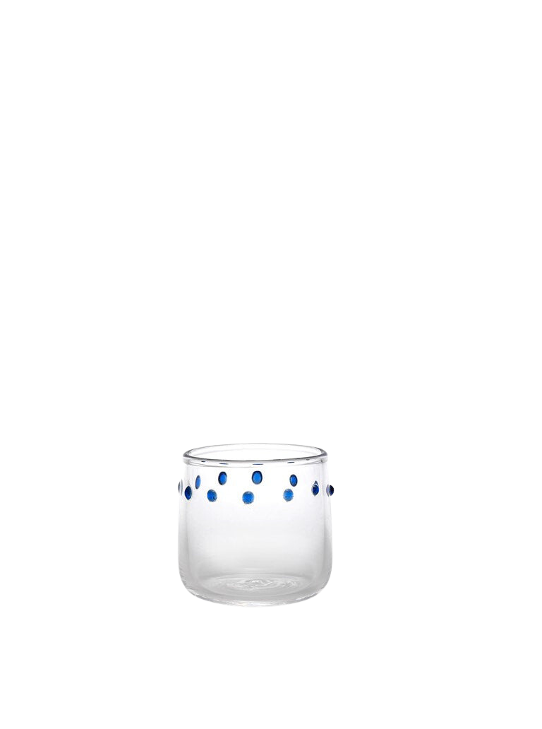 Front view of Zafferano T-Light Mini showcasing blue dots on transparent glass with a black background