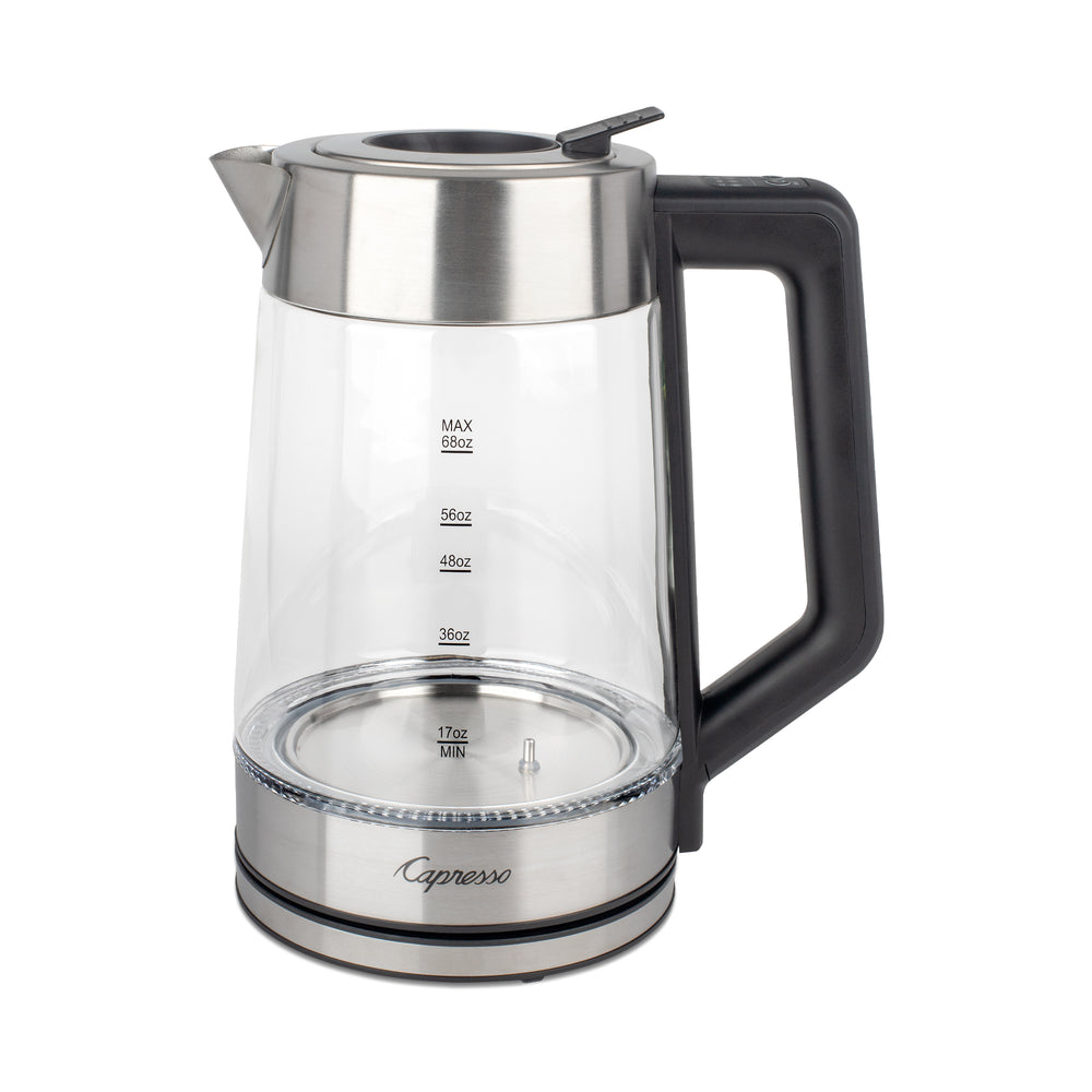 Capresso H2O Glass Select electric kettle, front view, glass body with oz measurement markings and stainless steel base