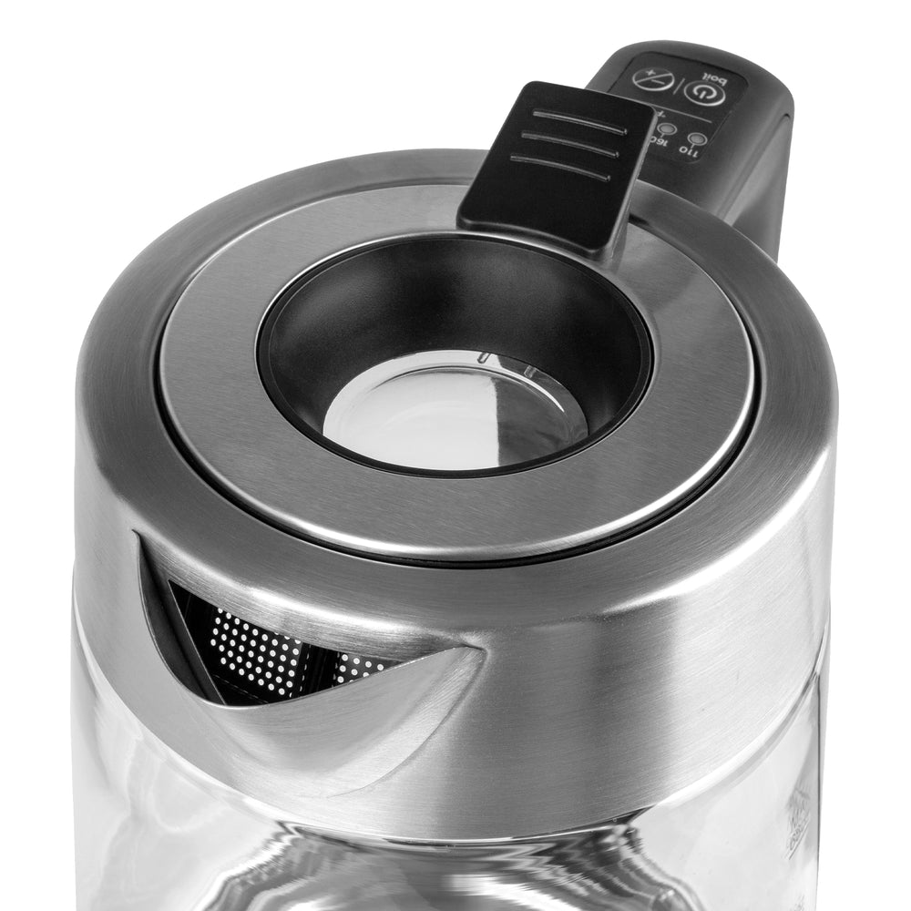 Close up of H2O Glass Select showing stainless steel lid with glass viewing window and mesh spout filter on white background