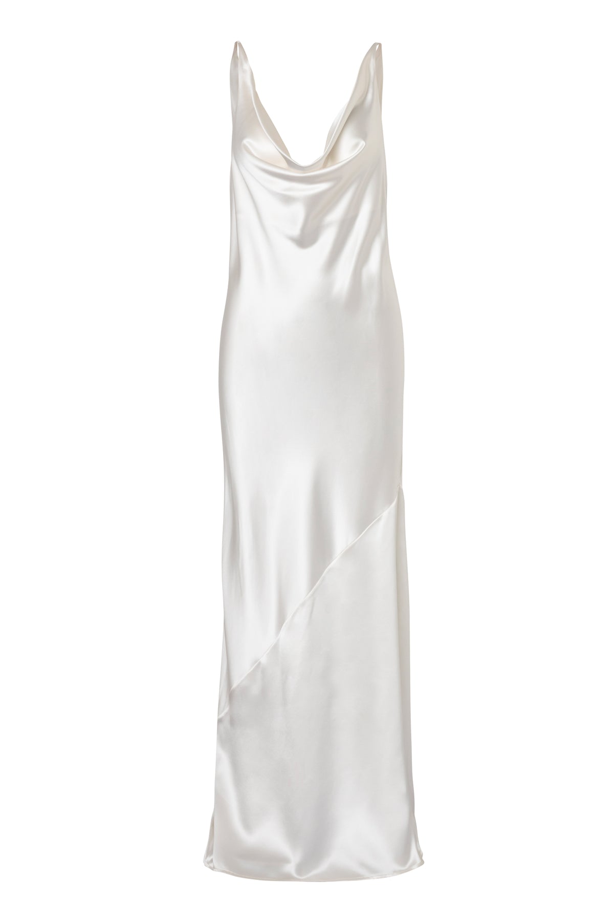Back view of Drop Dress showcasing draped cowl back and slim straps with a white background