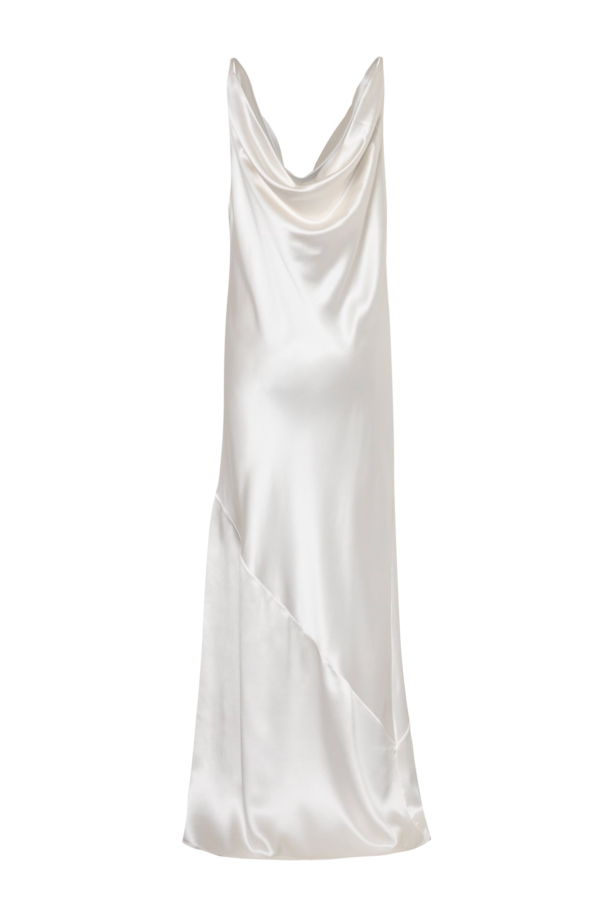 Front view of Drop Dress showcasing its cowl neck and draped silk fabric against a white background