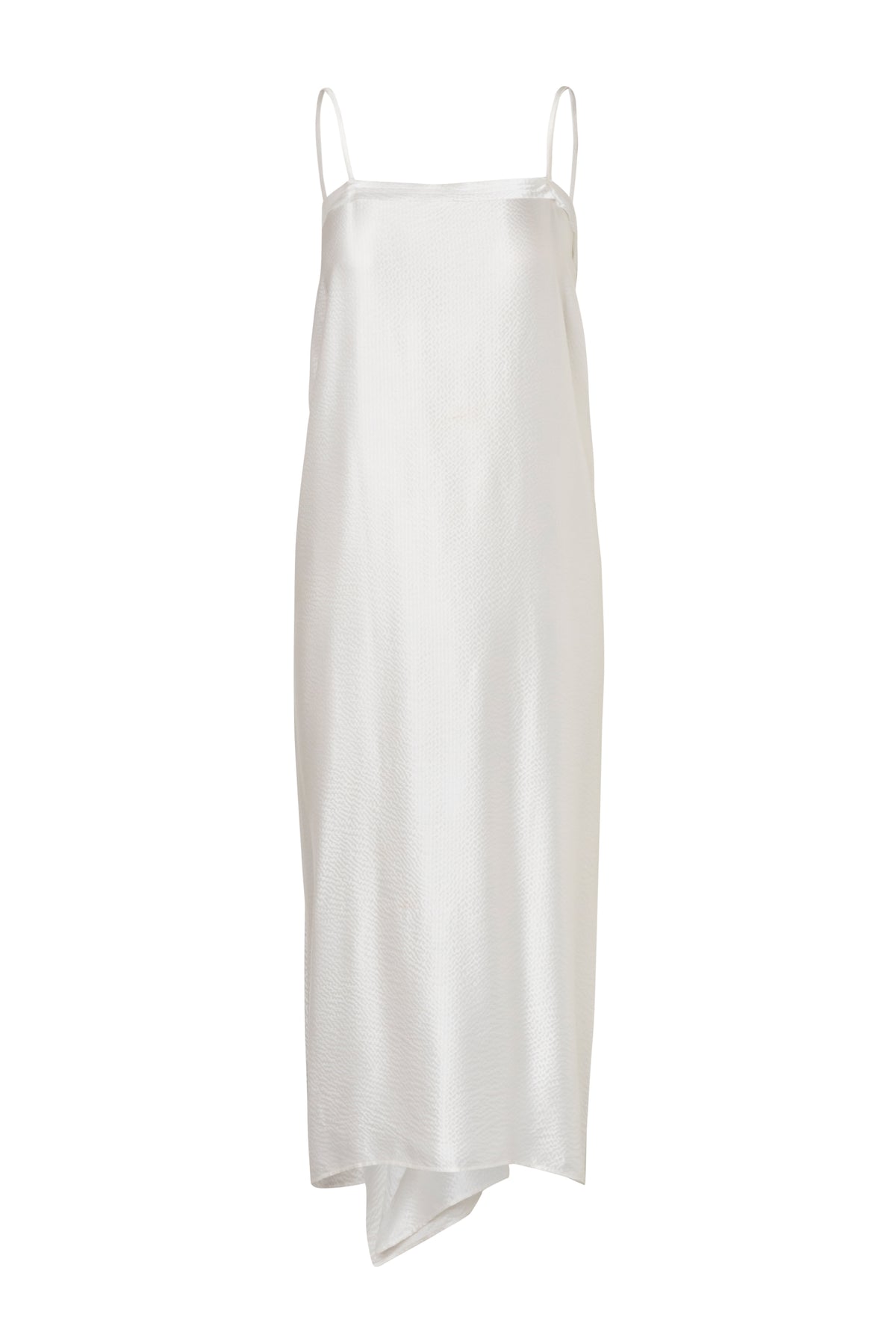 Front view of Knot Dress showcasing thin straps and a mid-length silk-satin silhouette with a white background