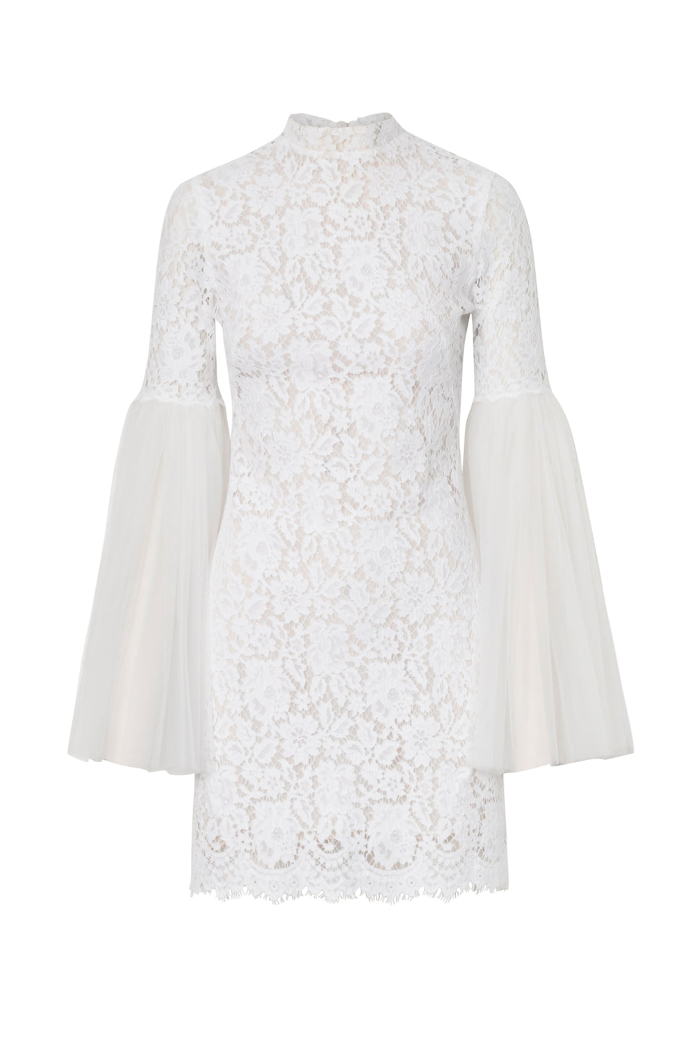 Front view of Posh Dress showcasing white lace fabric and dramatic tulle bell sleeves on white background