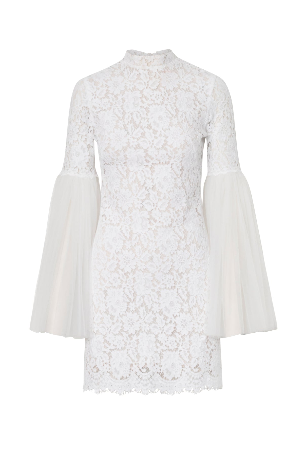 Front view of Posh Dress showcasing white lace fabric and dramatic tulle bell sleeves on white background