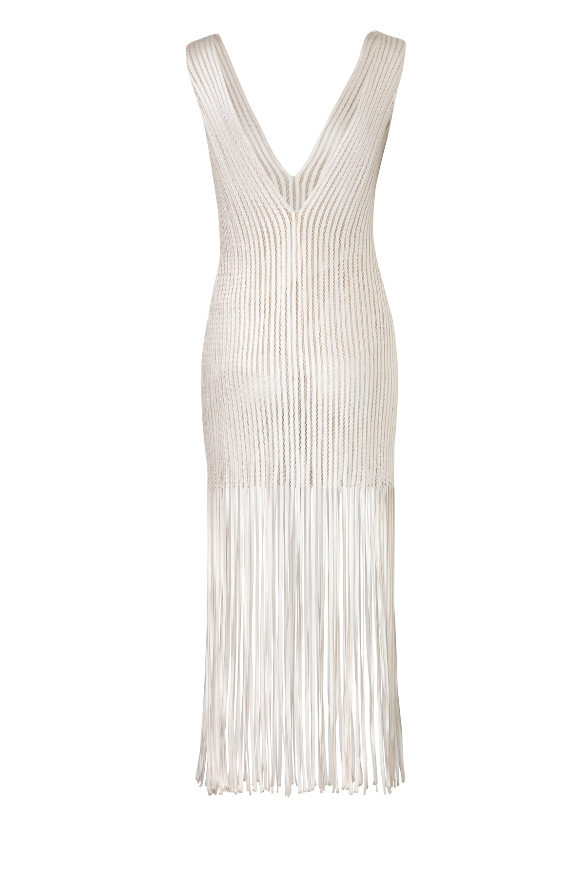 Front view of Hilo Dress showcasing deep V neck and long silk fringe over delicate mesh with white background