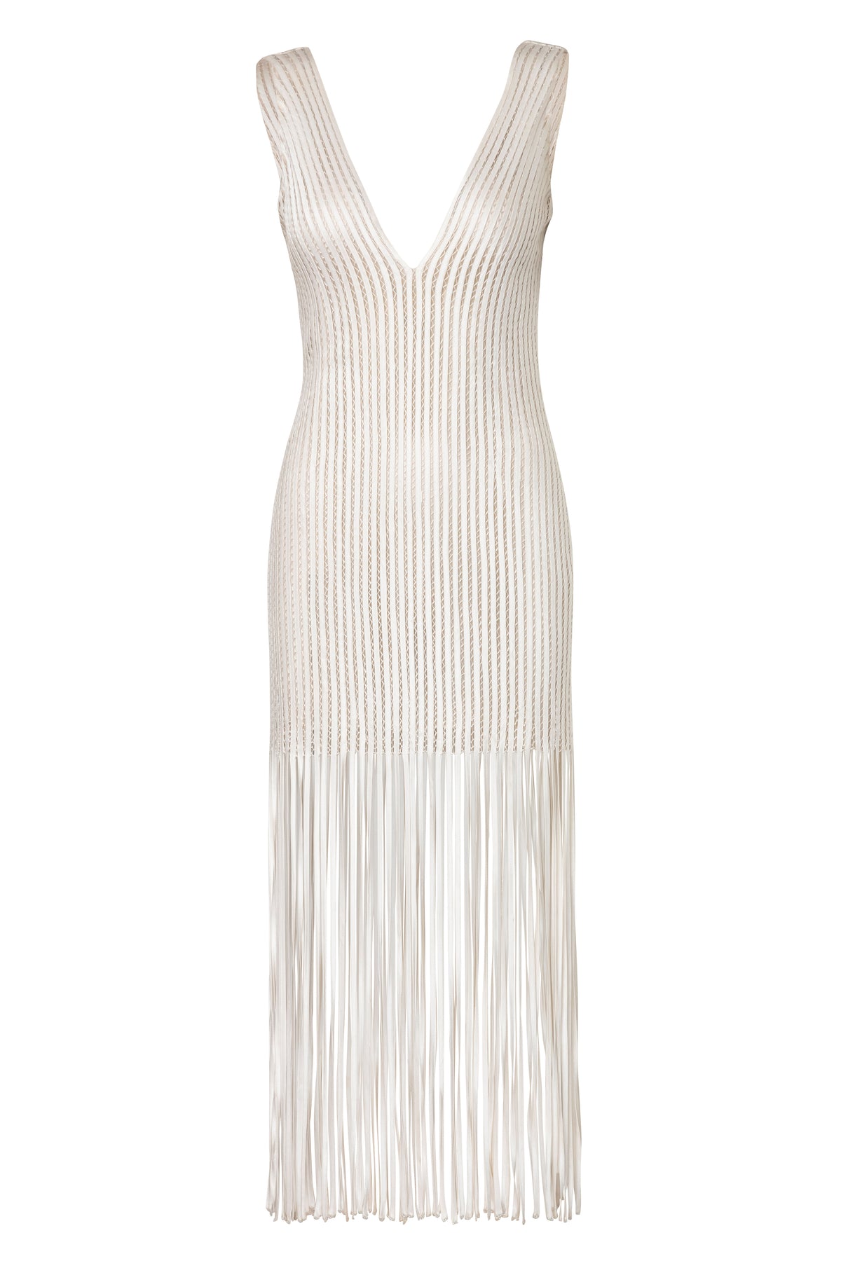 Front view of Hilo Dress showcasing deep V-neck, silk fringe, and delicate mesh on a white background