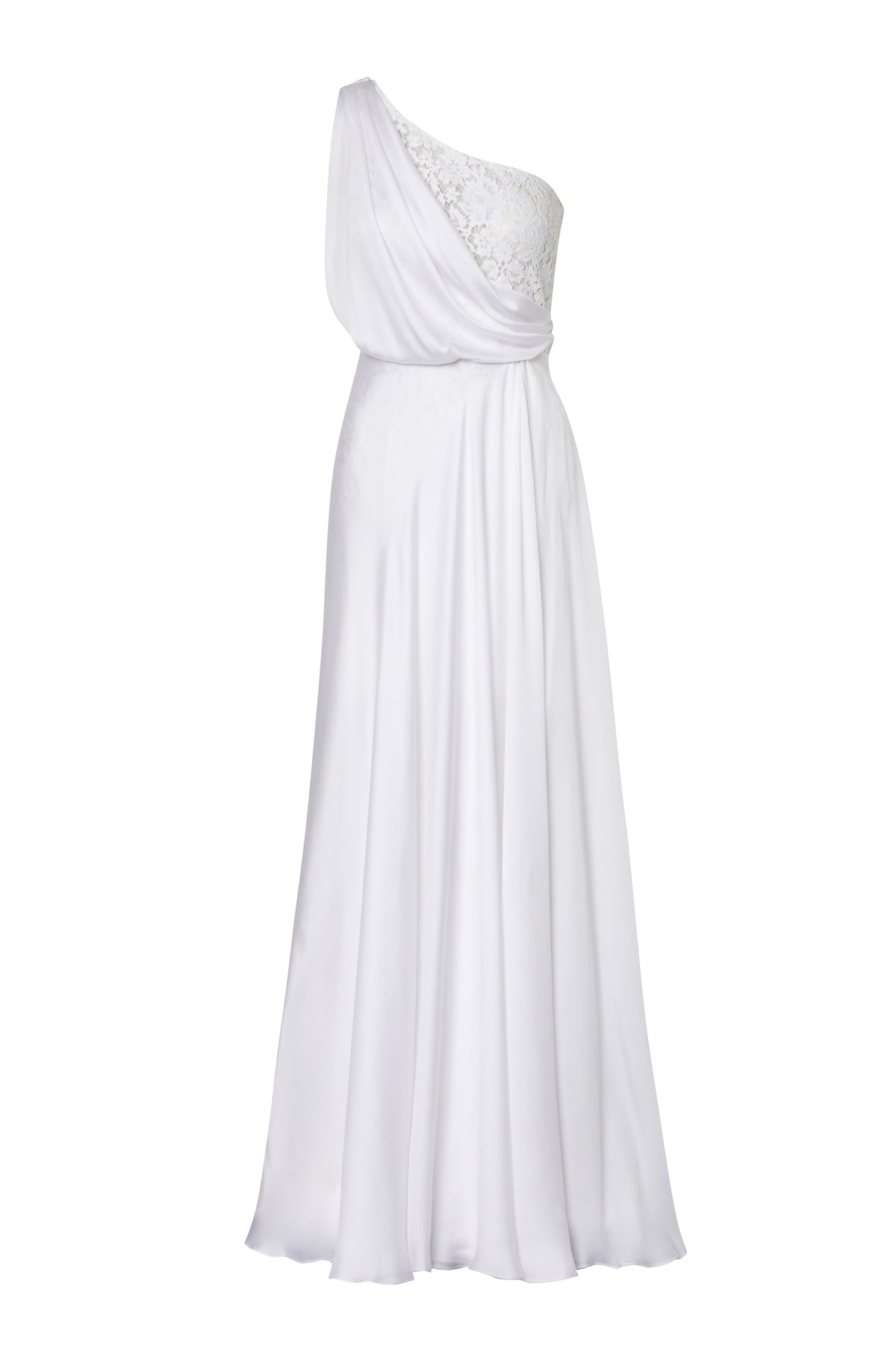 Front view of Cloak Dress showcasing one shoulder draping and lace panel with white background