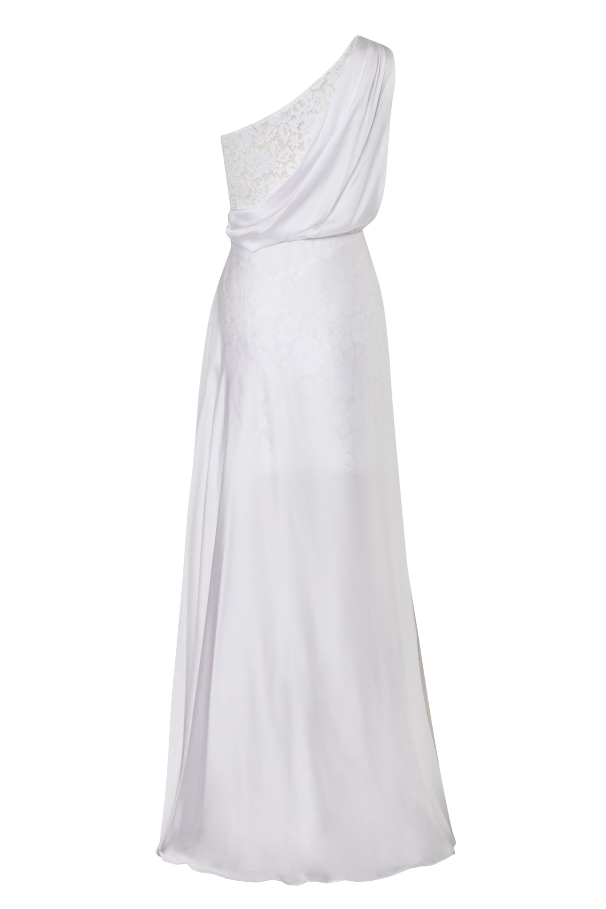 Close-up view of Cloak Dress showcasing one-shoulder satin plume silk draping and lace panel on white background