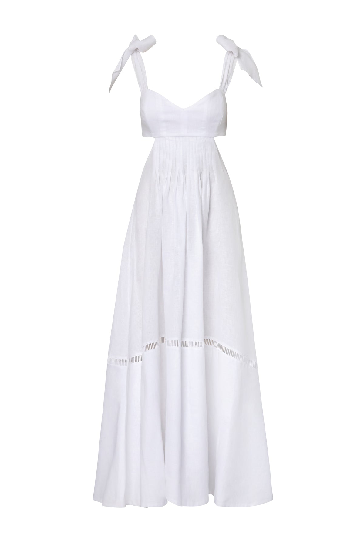 Front view of the Margarita Dress showcasing white linen fabric, bow straps, heart neckline, and openwork hem on a white background