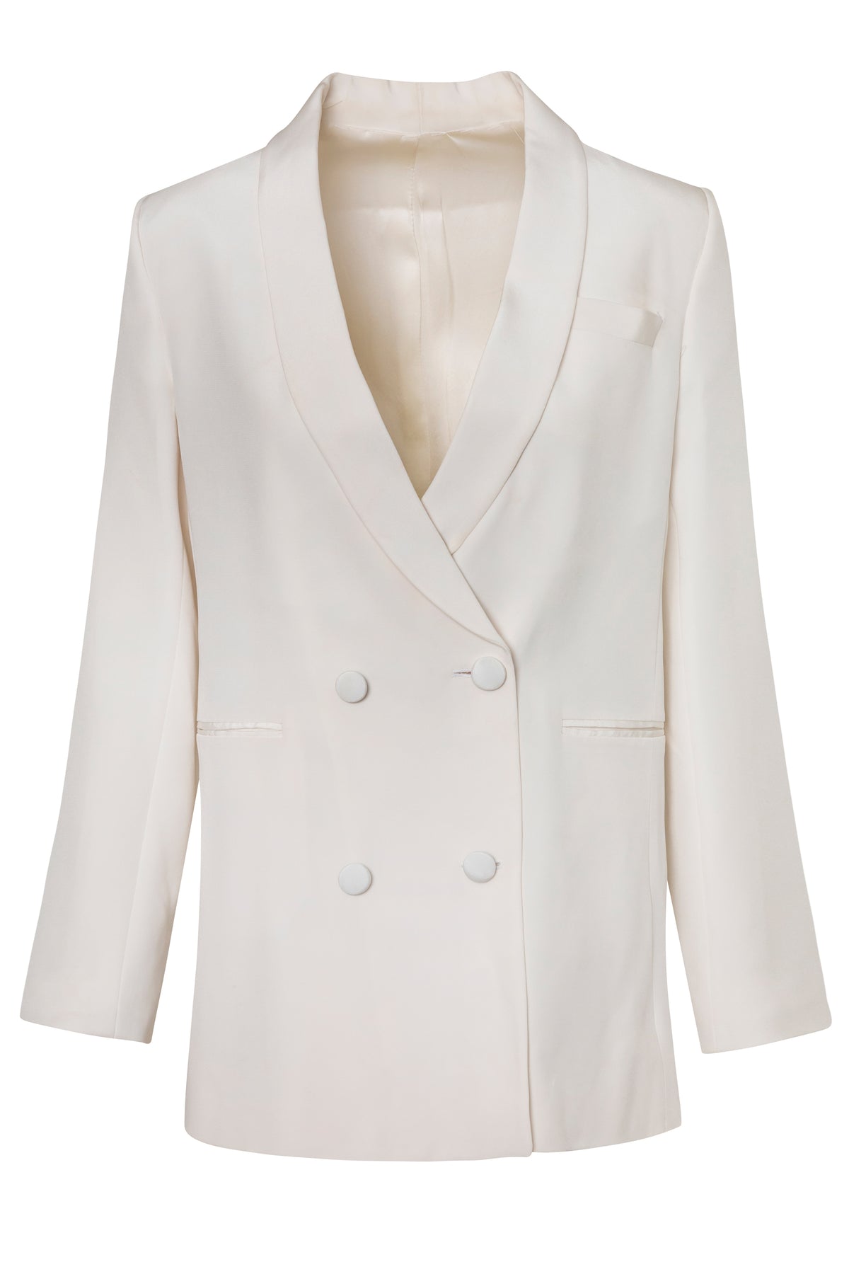 Front view of Carmela Blazer showcasing four-button closure and structured boxy silhouette with white background
