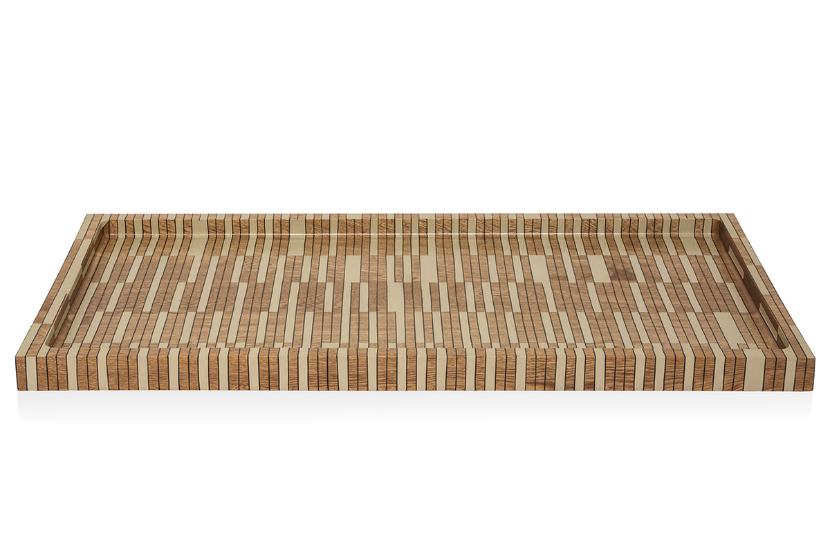 Front view of Francesca Miranda rectangular bar tray showing irregular ivory-toned wood inlay pattern and low raised rim on white background
