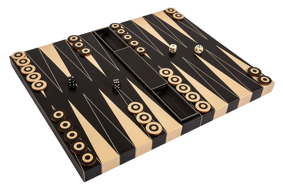Angled view of Duo Backgammon Set showing black and natural wood board, layered round checkers, and two dice on white background