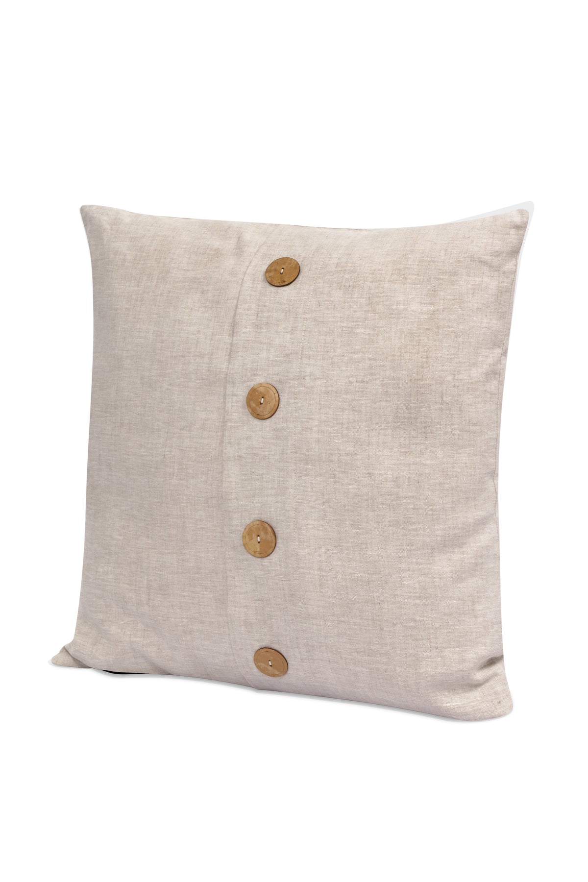 Three-quarter view of Totumo linen pillow showcasing four calabash buttons and natural beige linen on white background