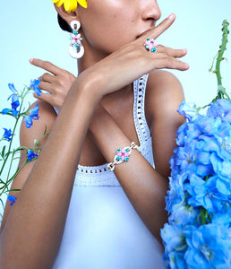 Asheville Earrings in White Enamel, Pink Opal, and Diamonds