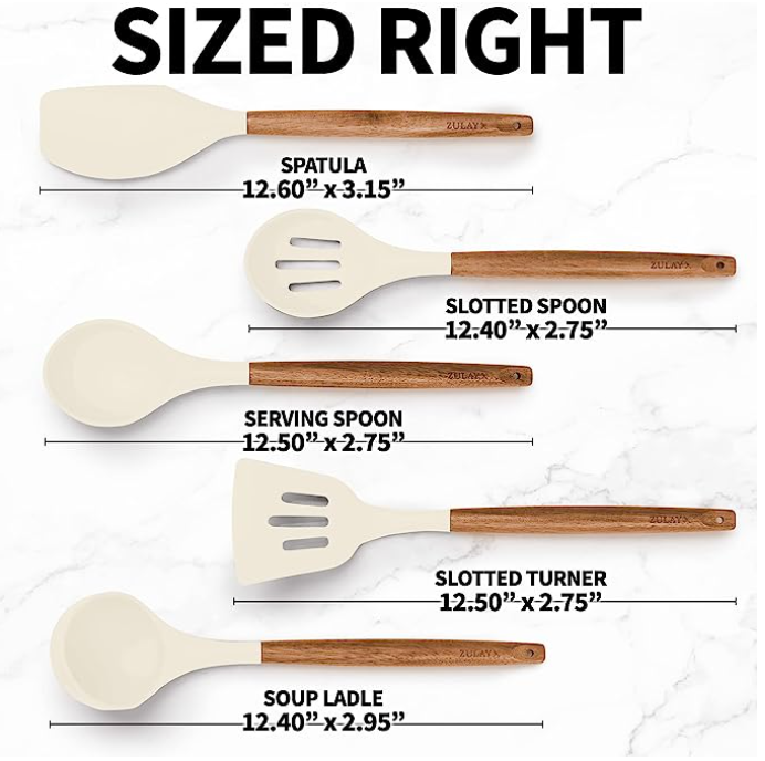 Zulay Kitchen Non-Stick Silicone Cooking Utensils Set with Authentic Acacia Wood Handles - 5 Piece (White)