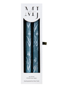 Dusty Blue Tulip Hand-Painted Taper Candles, Set of Two