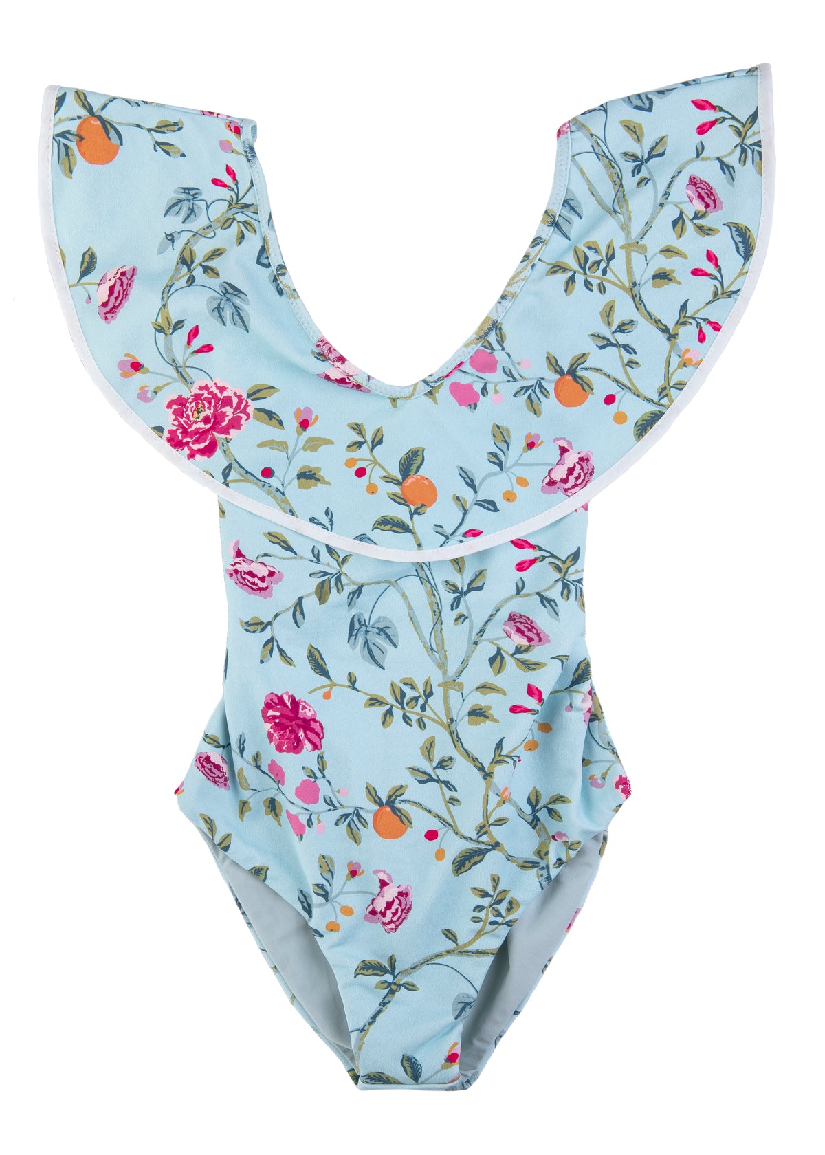 Front view of Bumby Piana Maillot showcasing a brilliant floral print on cooling blue with a classic maillot collar