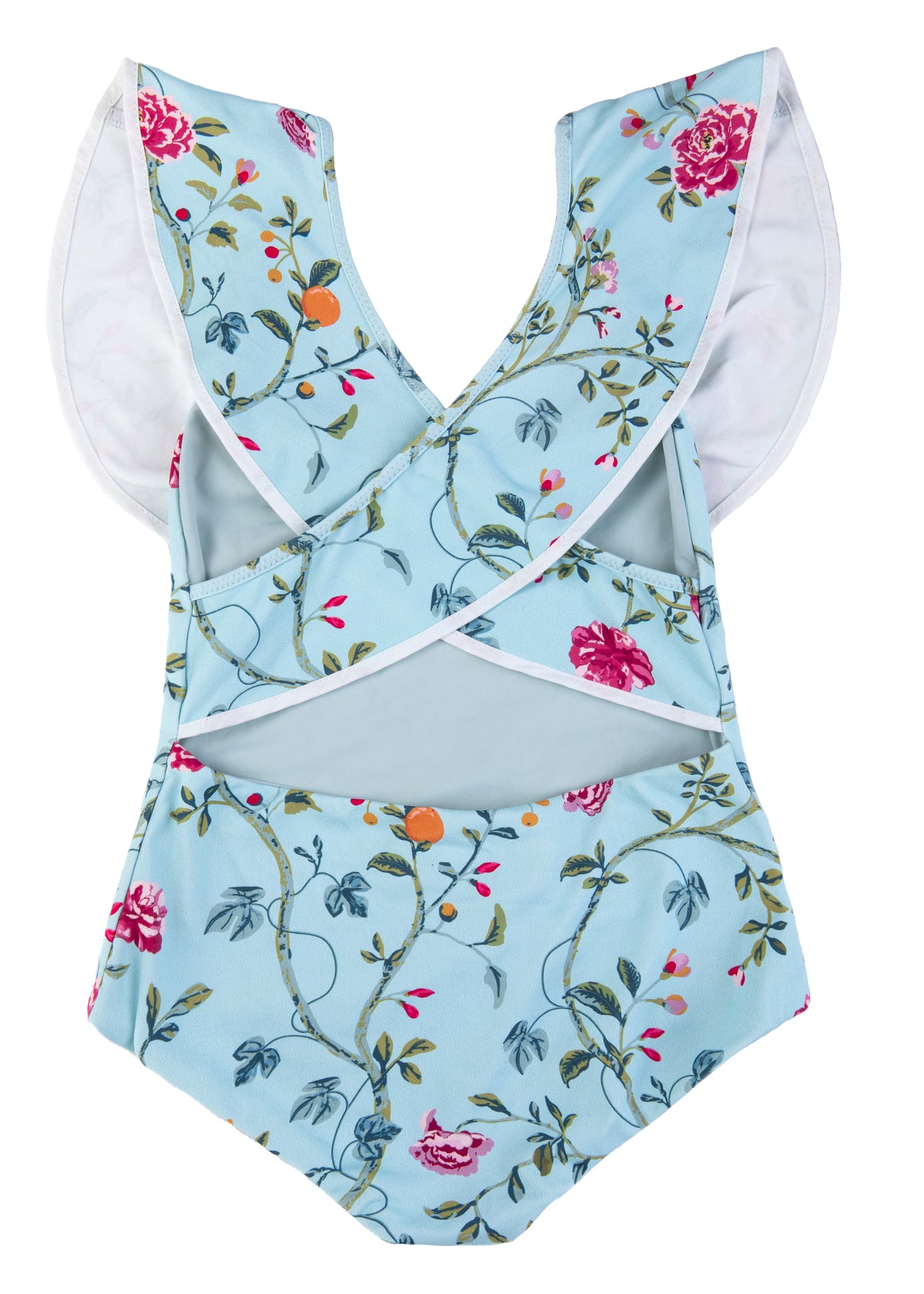 Back view of Bumby Piana Maillot showcasing a brilliant floral print on cooling blue against a white background