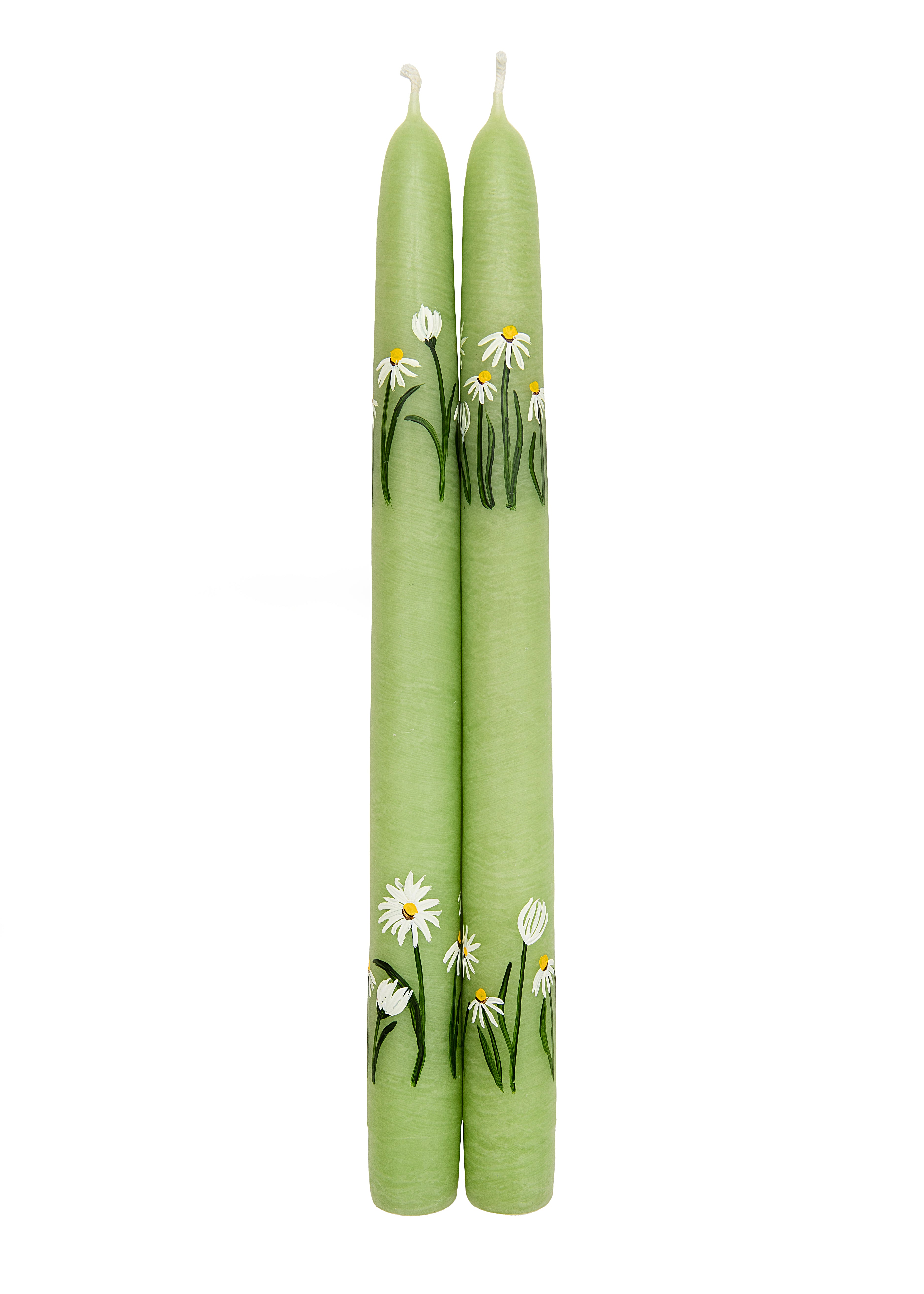 Lime Green Daisy Hand-Painted Taper Candles, Set of Two