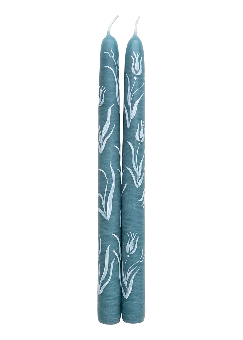 Dusty Blue Tulip Hand-Painted Taper Candles, Set of Two