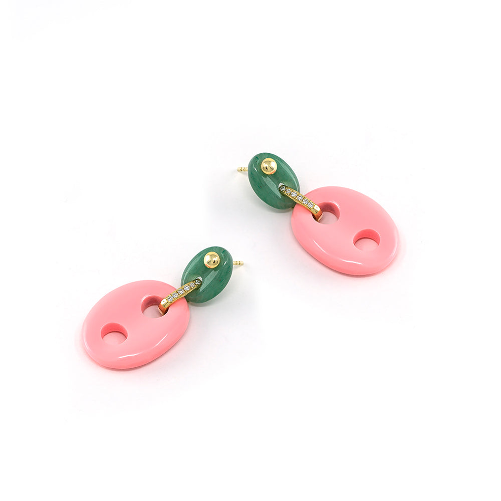 Diamond & Stone Mariner Link Earrings in Coral & Chalcedony