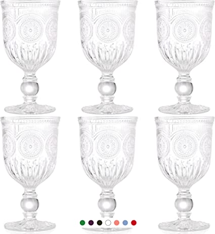 Yungala Vintage Wine Glasses Set of 6 - Glass Goblets - Water Goblets or Wine or Cocktails - Fancy Wine Glasses, Cute Wine Glasses with Sunflower Embossed Design