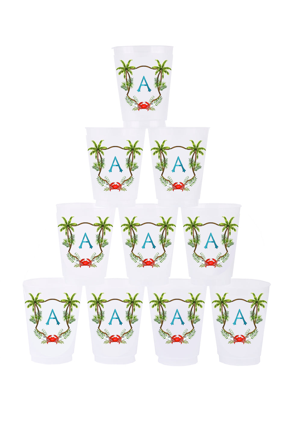 Front view of Personalized Crest Cups showcasing palm tree and crab crest with blue A initials on a white background