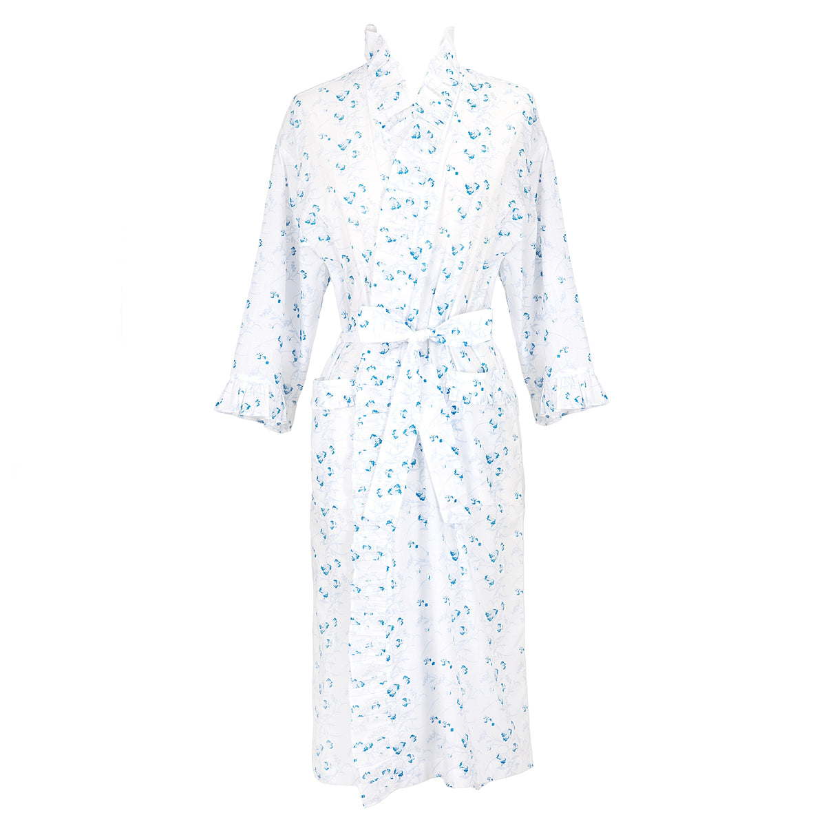 Front view of Lily Cotton Ruffle Robe showcasing lily of the valley floral print, ruffled sleeves, opening, and pockets on white