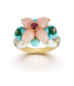 Asheville Ring in White Enamel, Pink Opal, and Diamonds