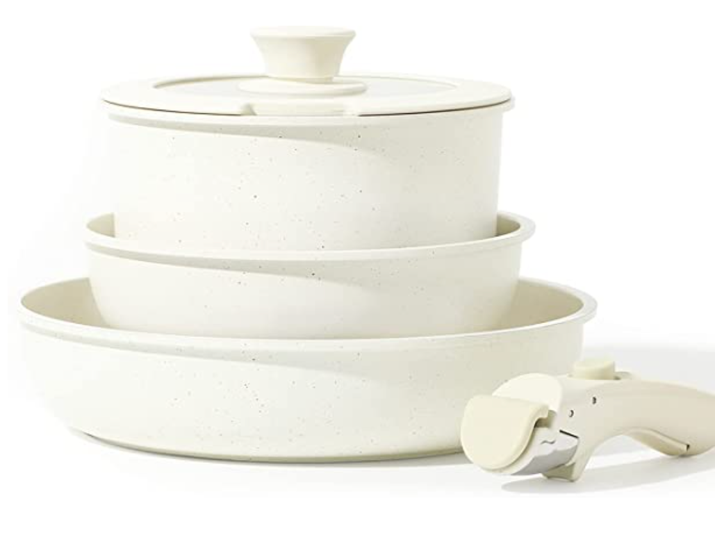 CAROTE 5 Piece Nonstick Cookware Sets, Granite Non Stick Pots and Pans Set with Removable Handle Cookware, Stackable RV Cookware for Campers, Suitable for All Stove, Dishwasher/Oven Safe (White 5 PCS)