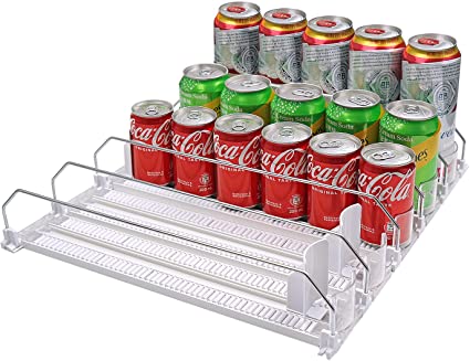 BUDO Drink Dispenser for Fridge, Self-Pushing Can Organizer for Refrigerator, Adjustable Width Beverage Water Beer Storage for Kitchen Pantry, Holds up to 30 Cans (White,16.4inch, 5 Rows)