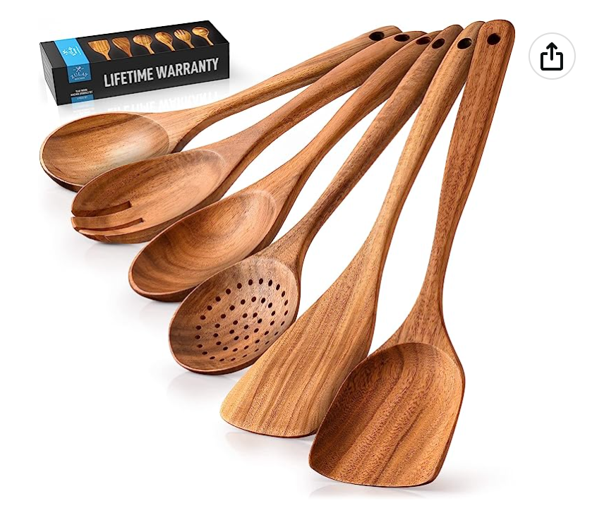 Zulay Kitchen 6 Piece Wooden Spoons for Cooking - Smooth Finish Teak Wooden Utensils for Cooking - Soft Comfortable Grip Wood Spoons for Cooking - Non-Stick Wooden Cooking Utensils - Wooden Spoon Sets