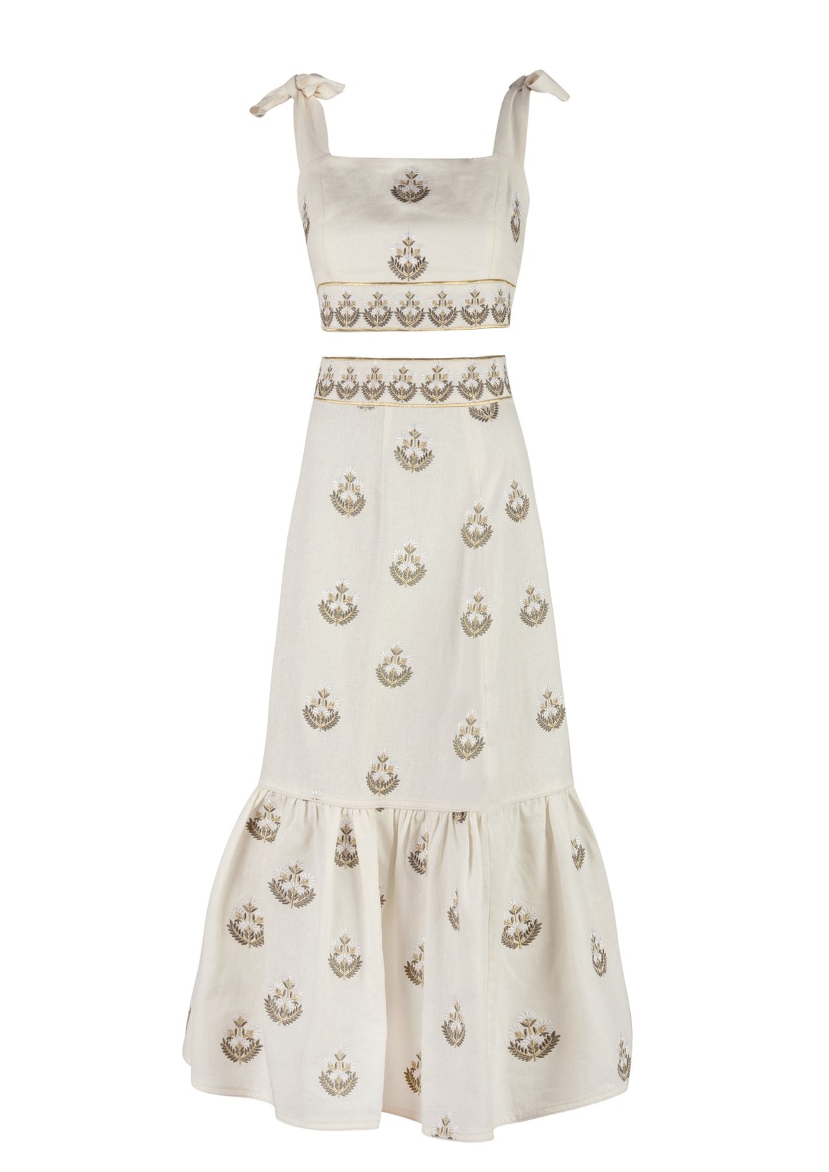 Front view of Begum Set in Ivory showcasing floral silk-thread embroidery and shoulder bow straps with a white background
