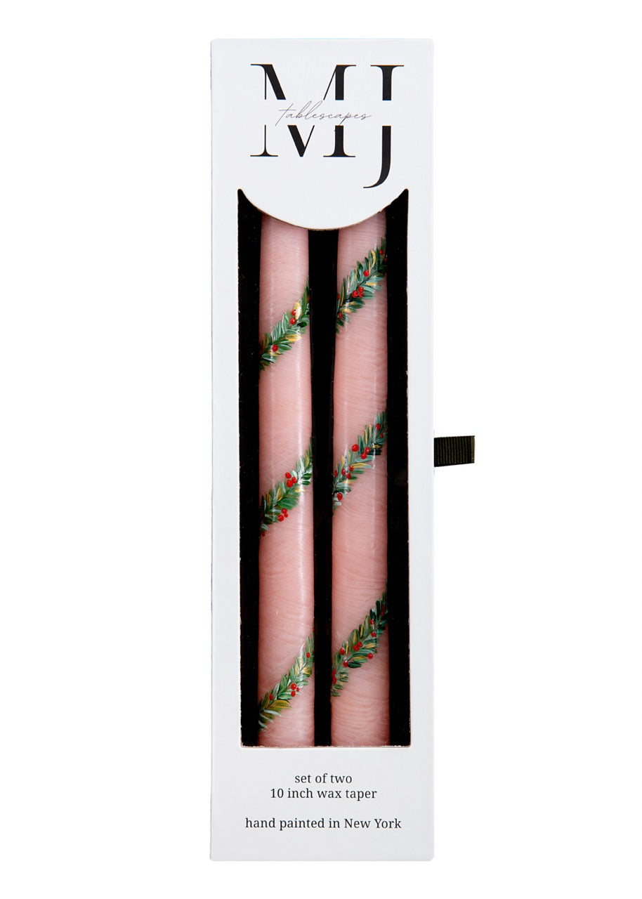 Pink Garland and Berry Hand-Painted Taper Candles, Set of Two