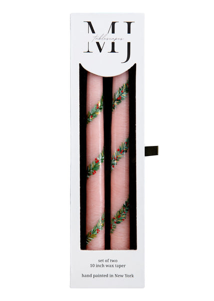 Pink Garland and Berry Hand-Painted Taper Candles, Set of Two